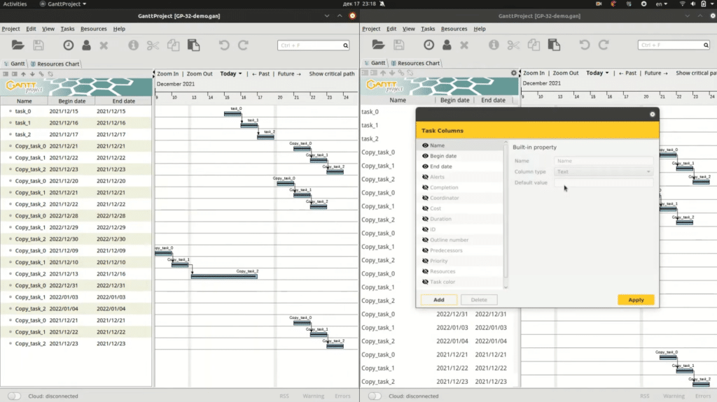 GanttProject im Split-Screen unter Linux mit Aufgabenliste, Gantt-Diagramm und Fenster zur Anpassung der Aufgabenspalten.