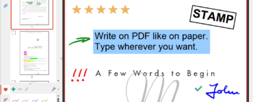PDF Annotator på Windows med åbent PDF-dokument, værktøjslinje til markeringer, håndskrift, stempler og tekstnoter direkte i filen.