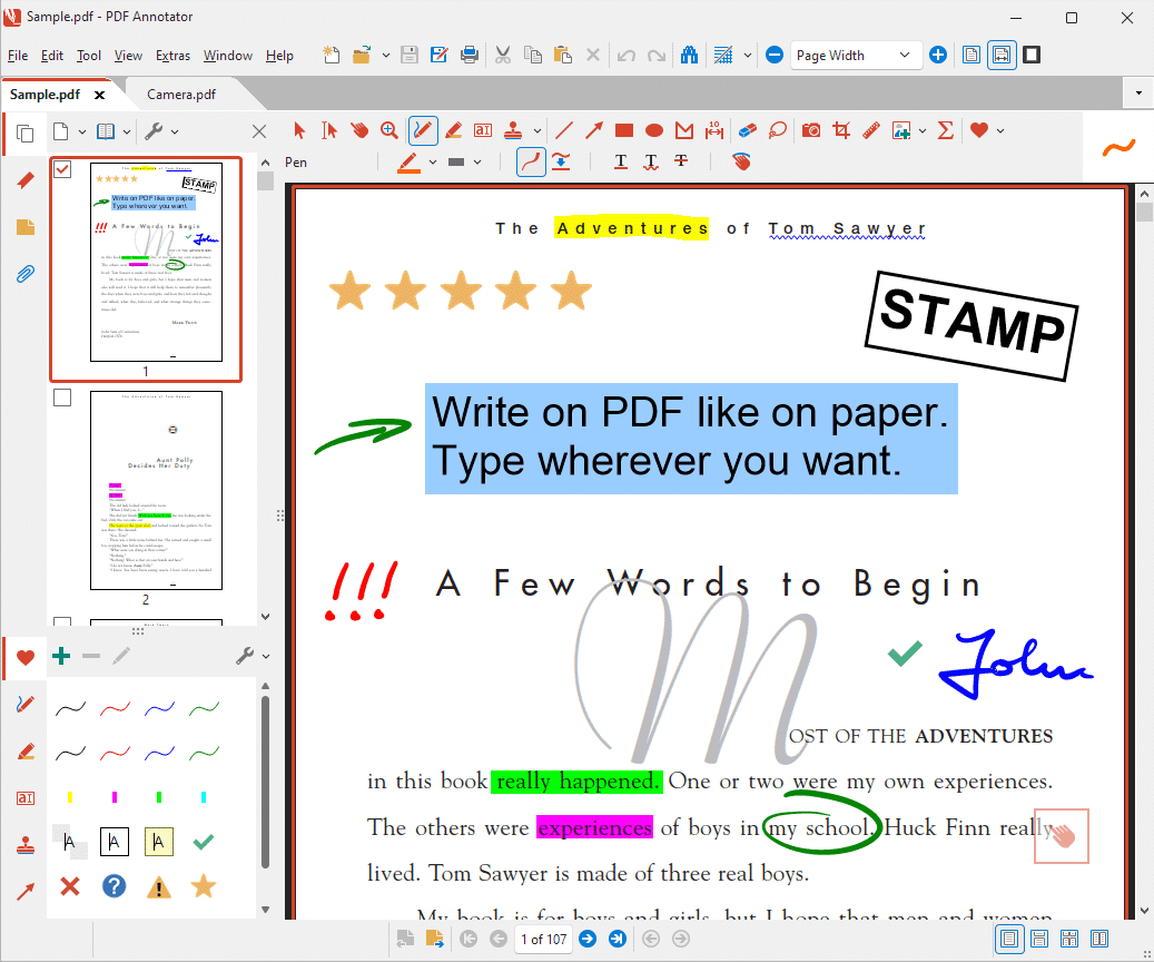 PDF Annotator på Windows med åpent PDF-dokument, verktøylinje for markeringer, håndskrift, stempler og tekstnotater direkte i filen.