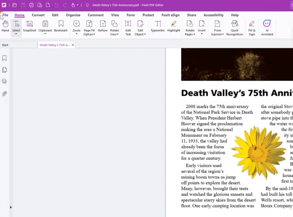 Foxit PDF Editor åbent på Windows med et PDF-dokument, hvor værktøjslinjen viser funktioner som redigering, OCR, formularer, signering og kommentarværktøjer.