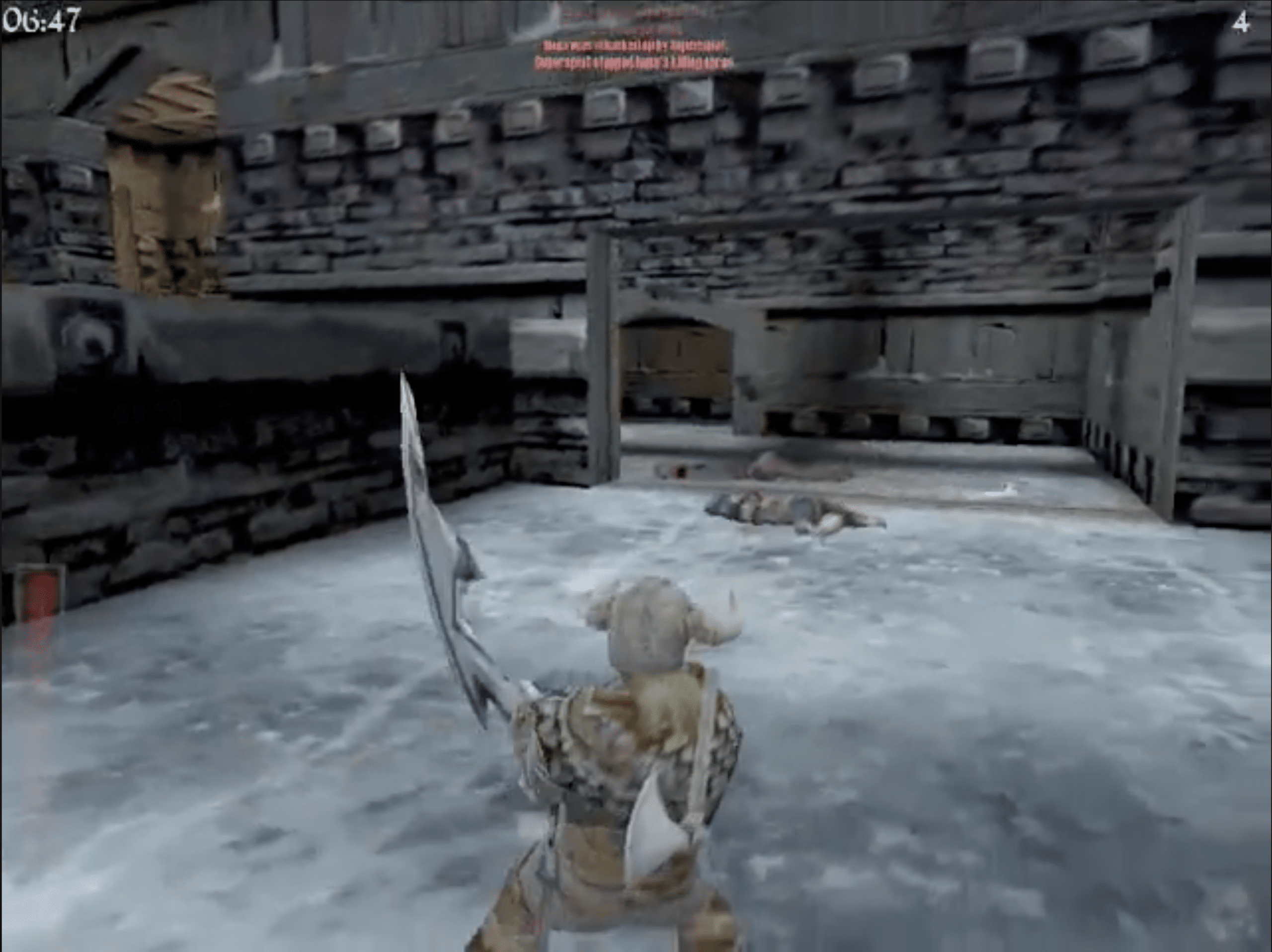 Gameplay aus Rune Halls of Valhalla, in dem ein Wikingerkrieger mit Schwert gegen Feinde in einer eisbedeckten Halle kämpft, inspiriert von der nordischen Mythologie