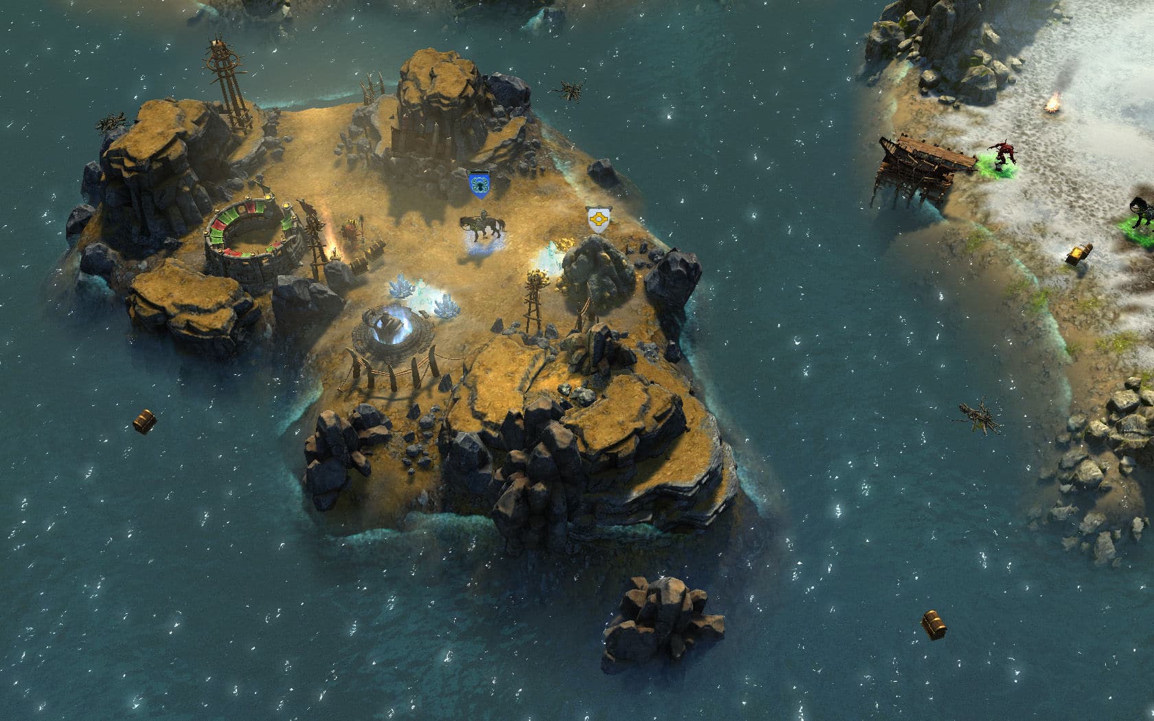 Isometrisk kart fra Might & Magic Heroes med helter, magiske bygninger og taktisk slagmark omgitt av hav i et klassisk fantasy-strategispill