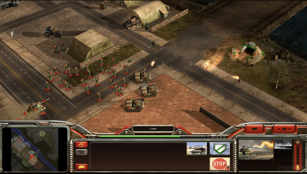 Command & Conquer Generals-gameplay med kinesiske stridsvogner og infanteri i intens bykamp under et oppdrag