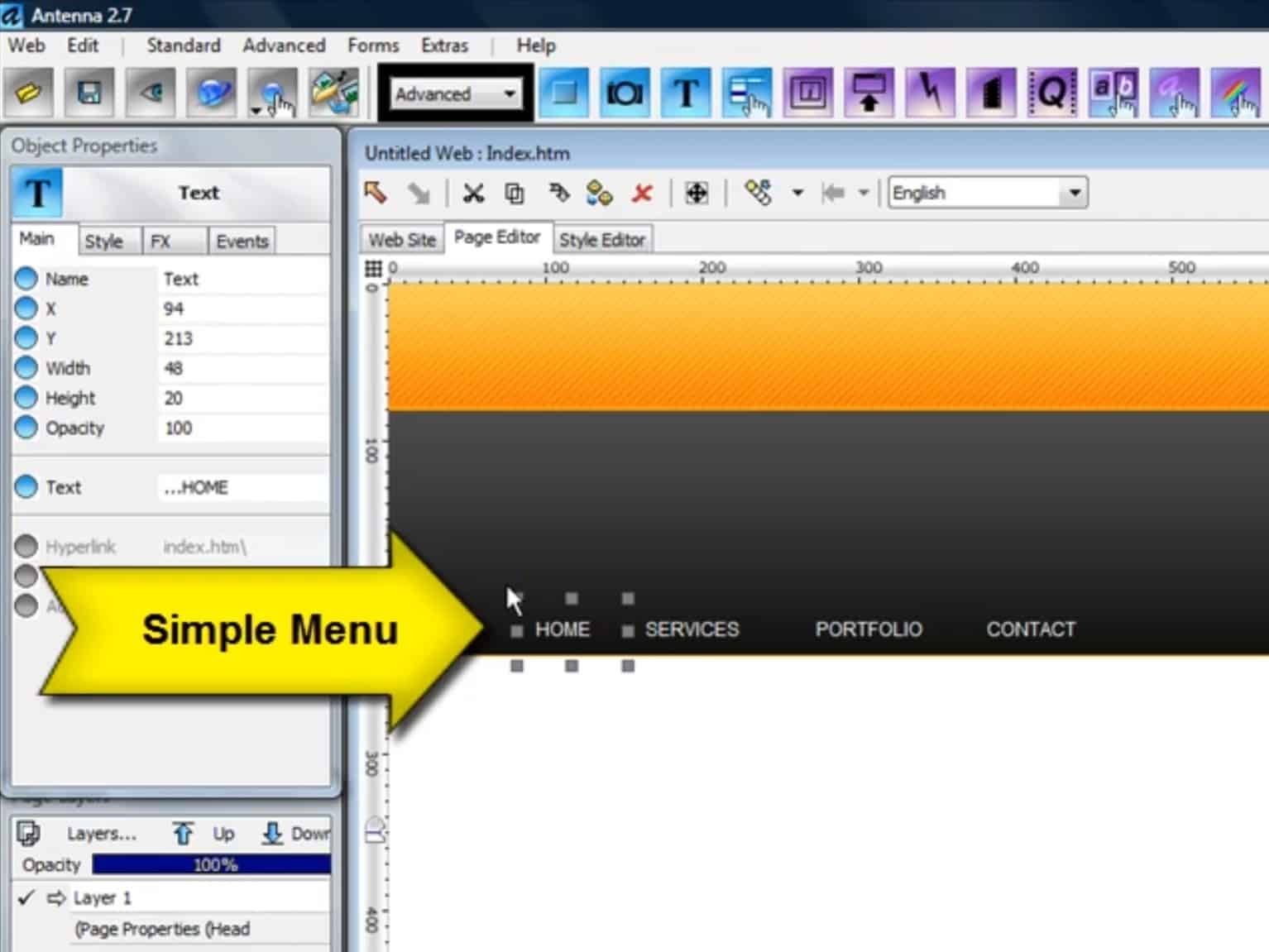 Skjermbilde av Antenna Web Design Studio, der du designer et nettsted visuelt med dra-og-slipp, enkel menyoppsett og sideeditor uten koding.