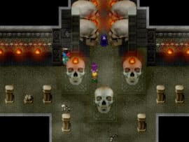 Skærmbillede fra Millennium 4 – Beyond Sunset med Marine og hendes hold i et mørkt tempel fyldt med kranier og ild