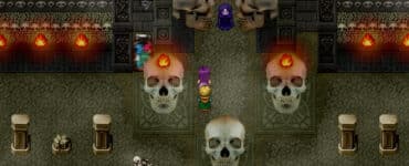 Skærmbillede fra Millennium 4 – Beyond Sunset med Marine og hendes hold i et mørkt tempel fyldt med kranier og ild