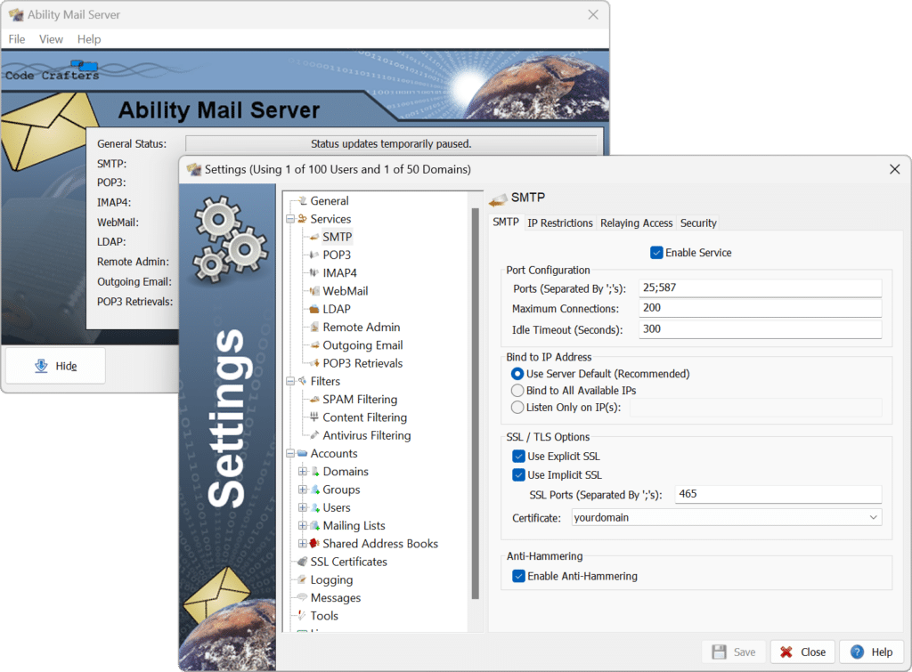 Skjermbilde av Ability Mail Server-administrasjonspanel med SMTP-innstillinger, SSL-konfigurasjon og brukeradministrasjon på Windows