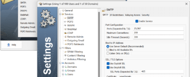 Skærmbillede af Ability Mail Server administrationspanel med SMTP-indstillinger, SSL-konfiguration og brugeradministration på Windows