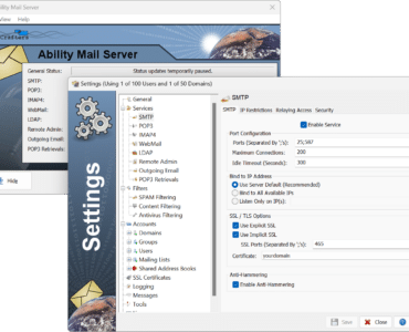 Skærmbillede af Ability Mail Server administrationspanel med SMTP-indstillinger, SSL-konfiguration og brugeradministration på Windows