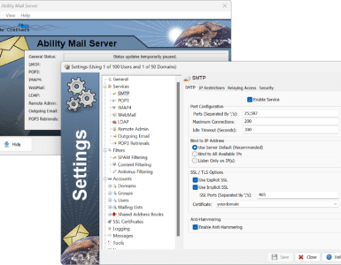 Skærmbillede af Ability Mail Server administrationspanel med SMTP-indstillinger, SSL-konfiguration og brugeradministration på Windows