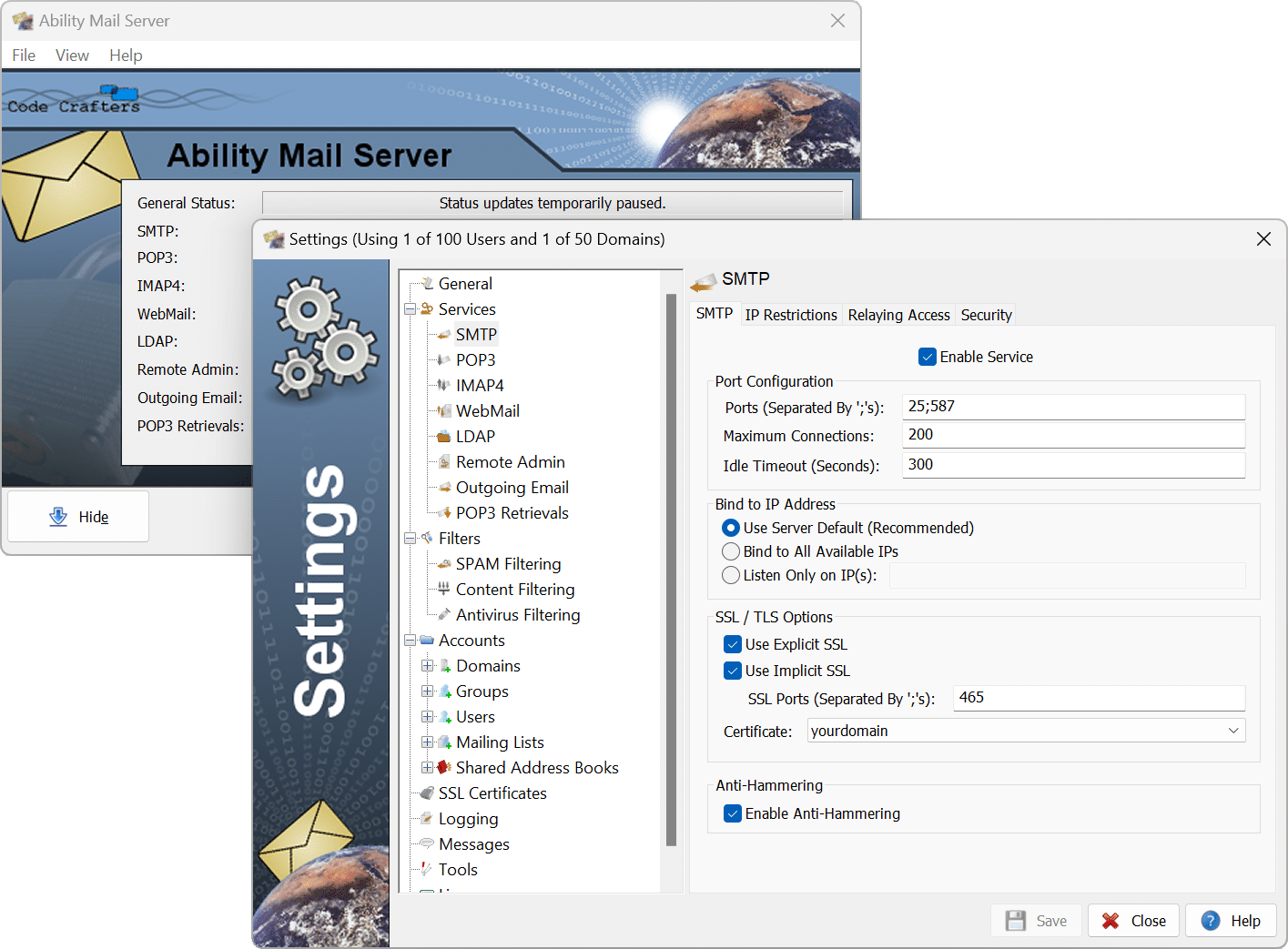 Skjermbilde av Ability Mail Server administrasjonspanel med SMTP-innstillinger, SSL-konfigurasjon og brukeradministrasjon på Windows