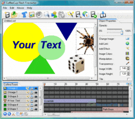 Skærmbillede af CoffeeCup Firestarter med redigeringsvindue til Flash-animationer, objekter og effekter.