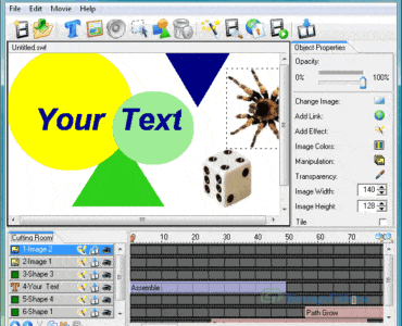 Skærmbillede af CoffeeCup Firestarter med redigeringsvindue til Flash-animationer, objekter og effekter.