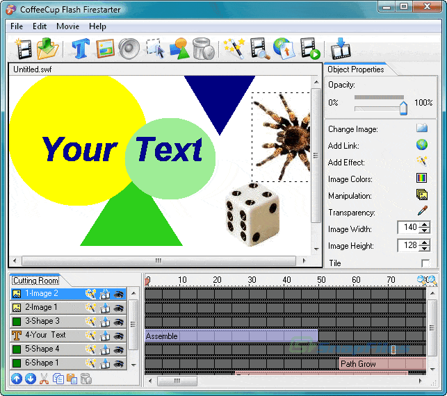 Screenshot von CoffeeCup Firestarter mit Bearbeitungsfenster für Flash-Animationen, Objekte und Effekte.