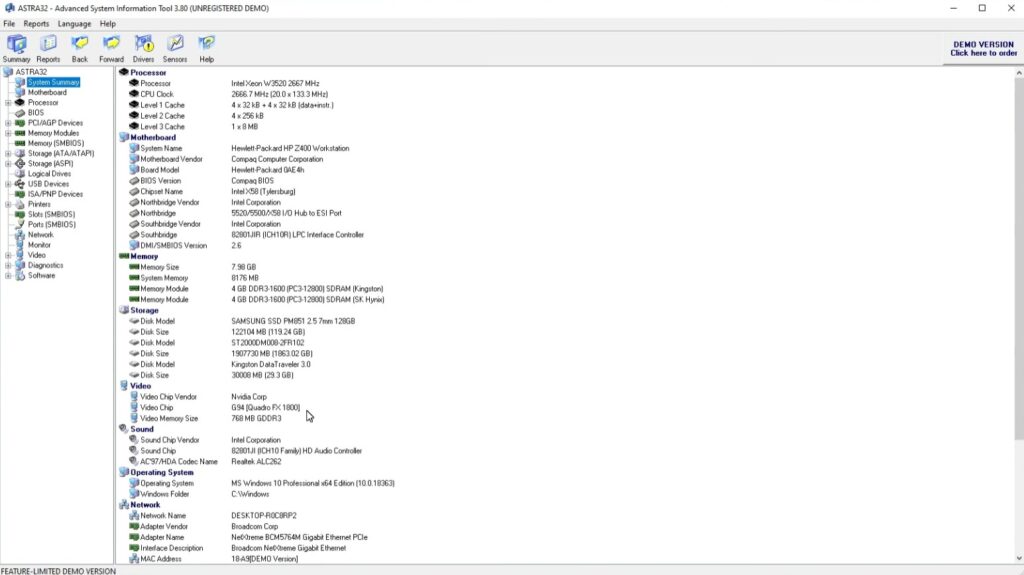 ASTRA32 Advanced System Information Tool zeigt detaillierte Hardware- und Systeminformationen unter Windows