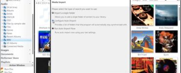 JRiver Media Center medieimport-vindue, hvor brugeren kan tilføje og organisere musikfiler i biblioteket