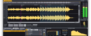 Skærmbillede af Acoustica Free med professionel lydredigering, hvor bølgeformer, level meter, loudness meter og equalizer vises i brugerfladen.