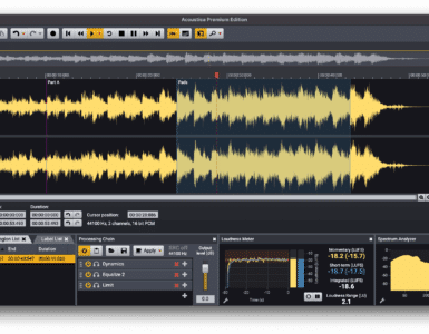 Skærmbillede af Acoustica Free med professionel lydredigering, hvor bølgeformer, level meter, loudness meter og equalizer vises i brugerfladen.