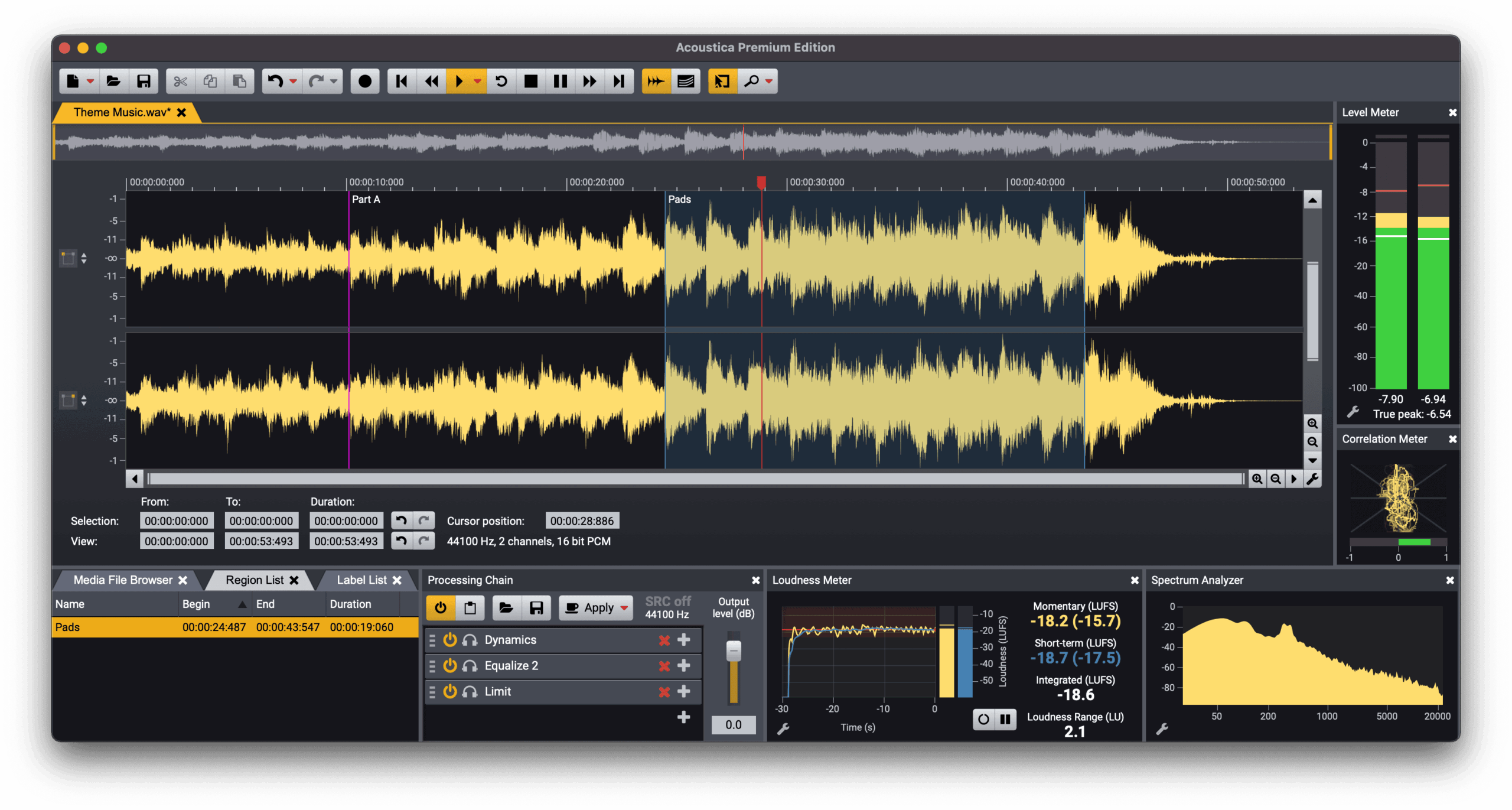 Screenshot of Acoustica Free with professional audio editing, showing waveforms, a level meter, a loudness meter, and an equalizer in the interface.