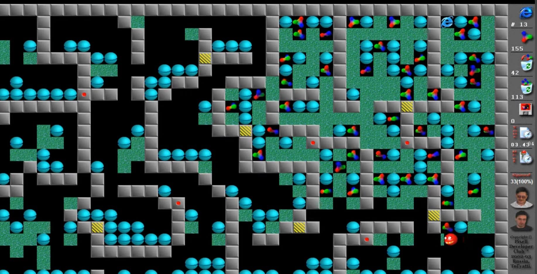 Gameplay-Screenshot aus WinPlex, einem klassischen Supaplex-Remake mit Labyrinthen, Diamanten und logischen Puzzles