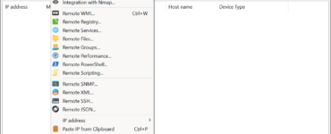 SoftPerfect Network Scanner under test på Windows – oversigt over netværksenheder og avancerede remote-værktøjer i programmenuen