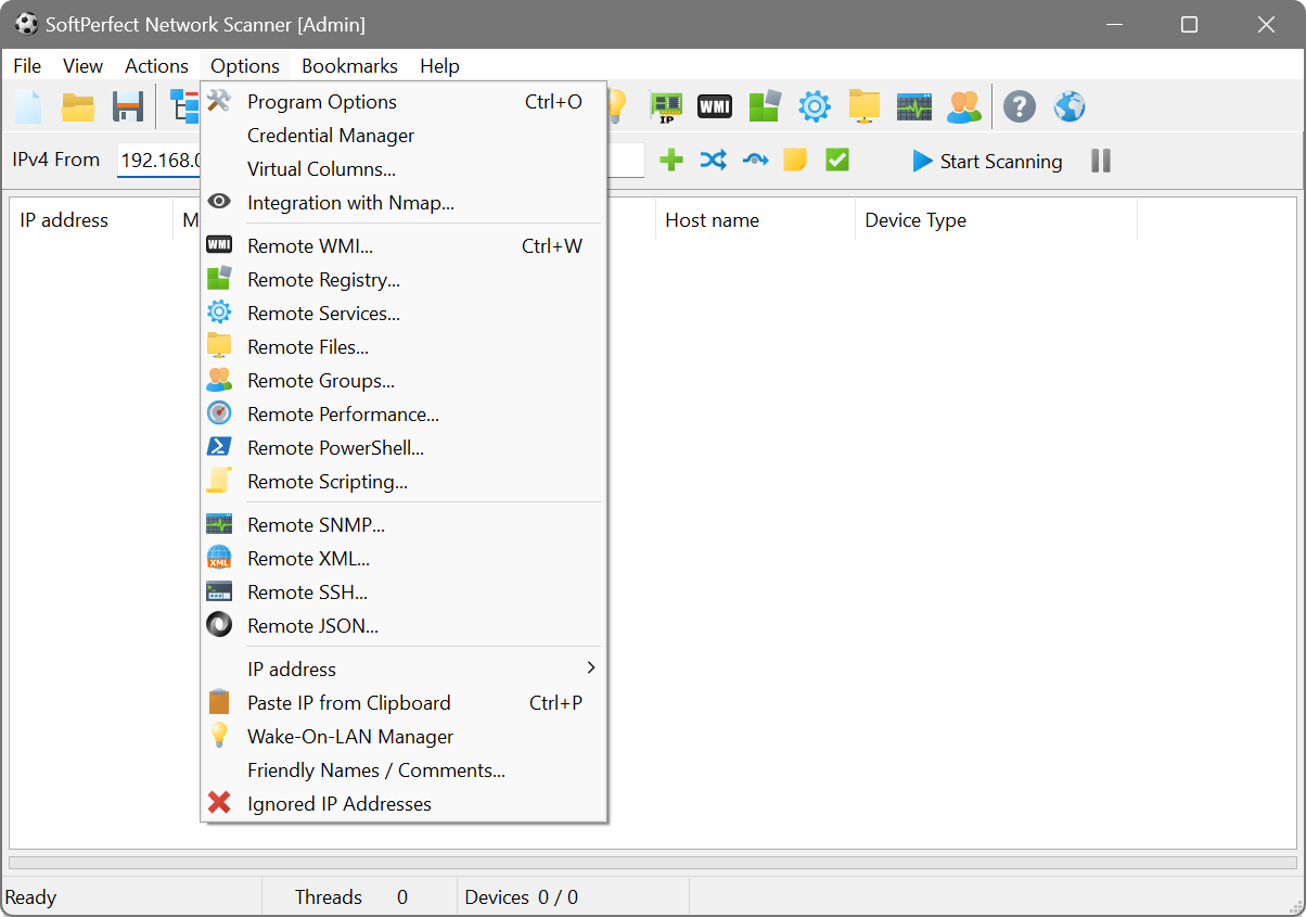 SoftPerfect Network Scanner being tested on Windows – overview of network devices and advanced remote tools in the program menu