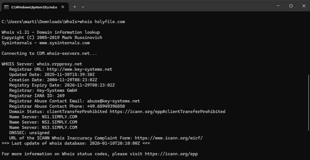 WHOIS lookup in Windows Command Prompt showing domain info for holyfile.com via Sysinternals Whois