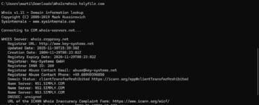 WHOIS-opslag i Windows Kommandoprompt viser domæneinformation for holyfile.com via Sysinternals Whois