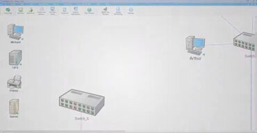 Netværksdiagram i 10-Strike LANState med computere, switch, server og printer vist visuelt under test