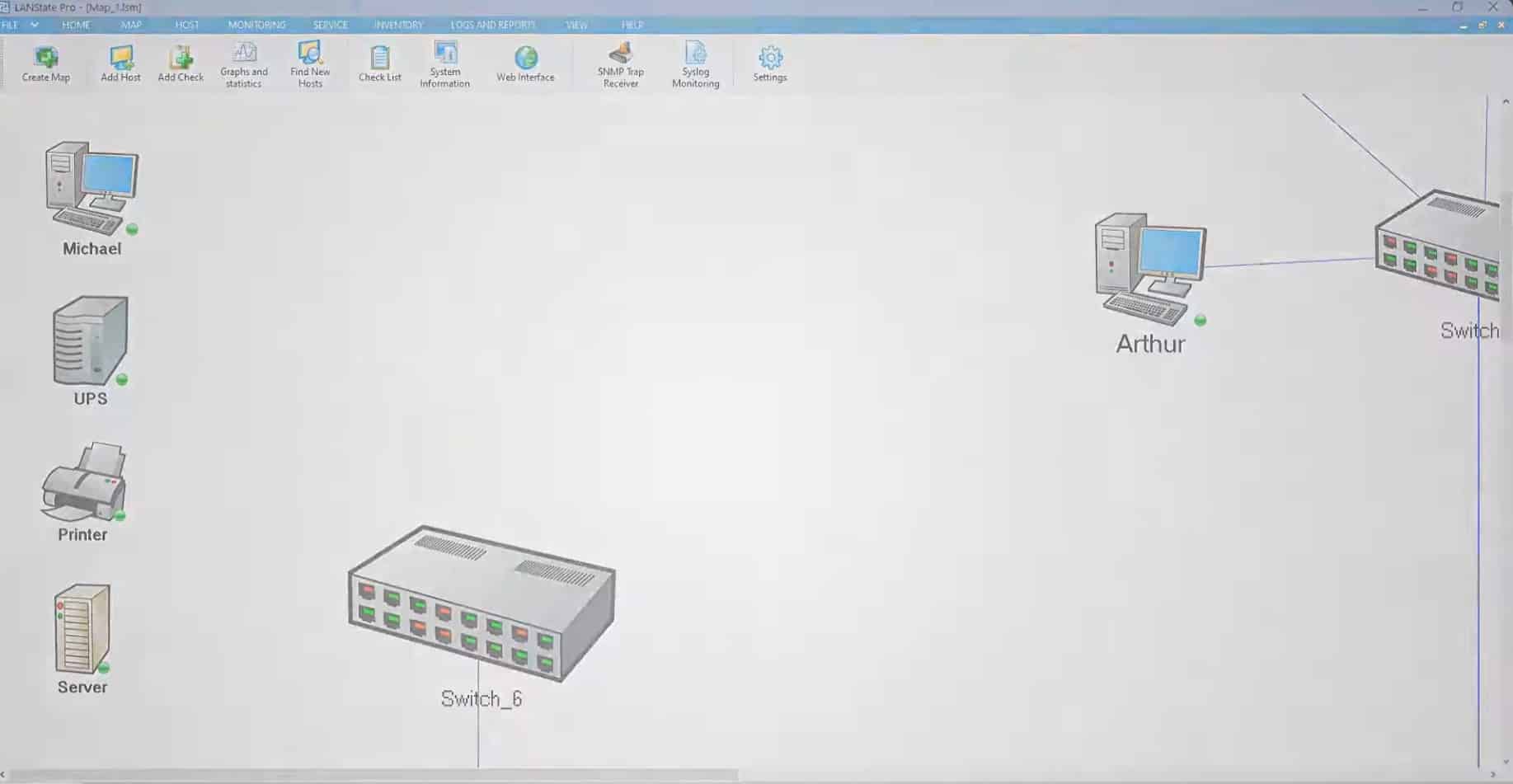 Netzwerkdiagramm in 10-Strike LANState mit Computern, Switch, Server und Drucker, visuell dargestellt während eines Tests