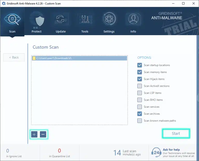 Screenshot fra vores test af GridinSoft Anti-Malware, hvor den avancerede “Custom Scan”-funktion vises med valgte mapper og detaljerede scanningsindstillinger som startup locations, memory items og archives.