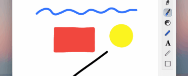 Paintbrush på macOS under vores test – brugerfladen med værktøjsbjælken til højre og et simpelt billede tegnet med pensel og former.