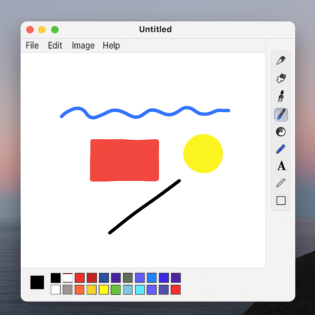Paintbrush på macOS under vår test – brukergrensesnittet med verktøylinjen til høyre og et enkelt bilde tegnet med pensel og former.