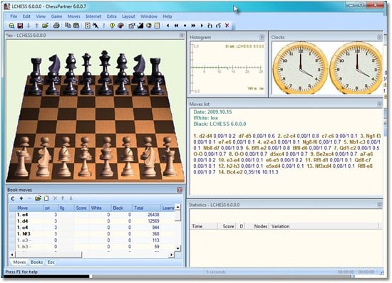 ChessPartner Schachprogramm mit 3D-Brett, Analysepanels, Zugliste und Statistiken in klassischer Windows-Oberfläche.