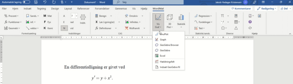 WordMat-fanen i Microsoft Word med menuen Vis Graf åben og valg som GeoGebra, Graph og Excel
