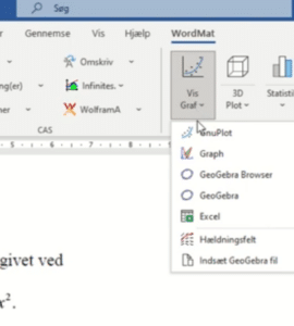 WordMat-fanen i Microsoft Word med menuen Vis Graf åben og valg som GeoGebra, Graph og Excel