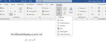 WordMat-fanen i Microsoft Word med menuen Vis Graf åben og valg som GeoGebra, Graph og Excel