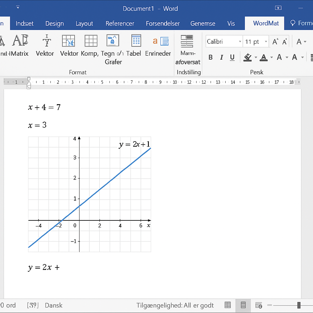 Word-dokument med WordMat-værktøjslinje og graftegning af funktionen y = 2x + 1 samt løsning af ligningen x + 4 = 7.