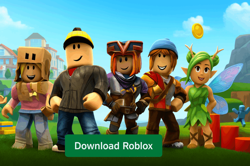 Farverigt Roblox-univers med avatars i forskellige miljøer – download Roblox og oplev spillet sammen med millioner af spillere
