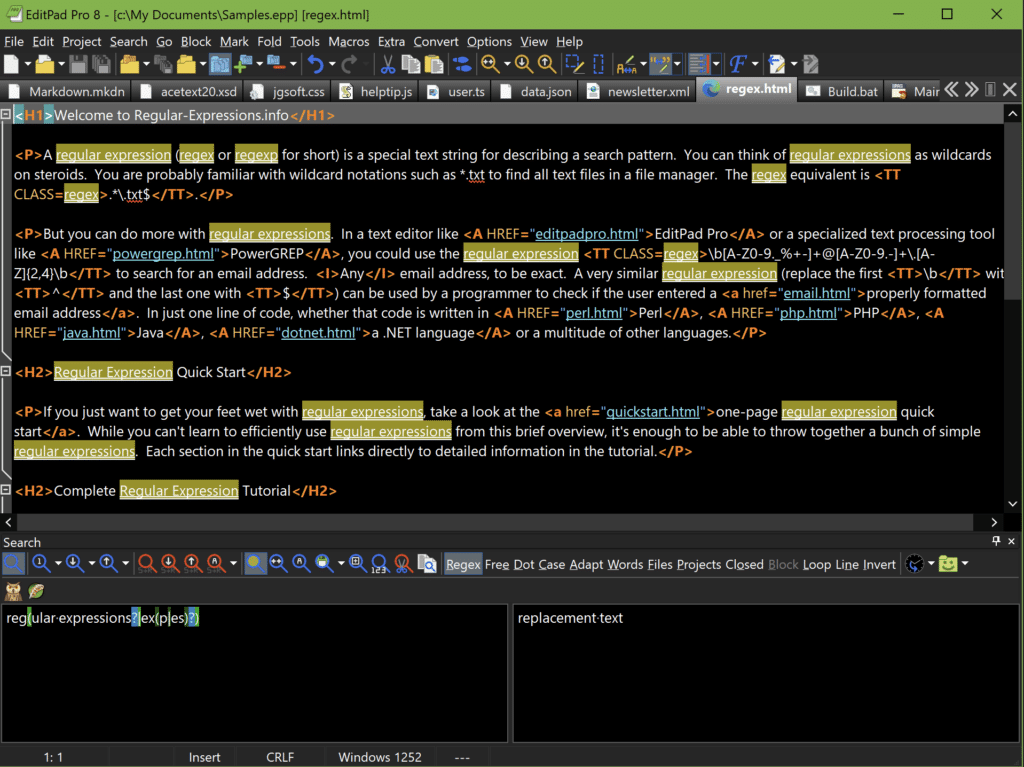 Screenshot of EditPad Pro on Windows with an HTML file open, syntax highlighting, tabs, and advanced regex search in the bottom panel.
