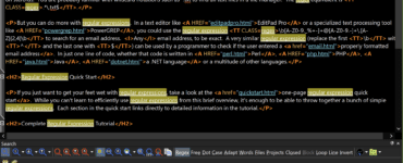 Screenshot af EditPad Pro på Windows med HTML-fil åben, syntaksfremhævning, faner og avanceret søgning med regulære udtryk i nederste panel.