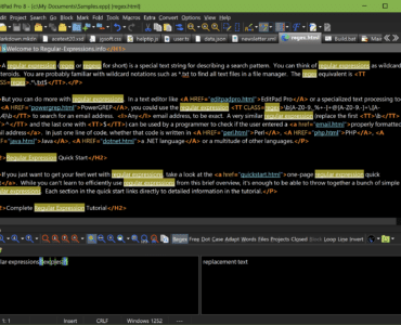 Screenshot af EditPad Pro på Windows med HTML-fil åben, syntaksfremhævning, faner og avanceret søgning med regulære udtryk i nederste panel.