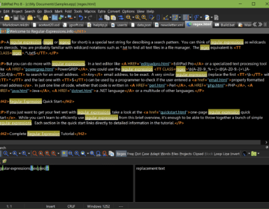 Screenshot af EditPad Pro på Windows med HTML-fil åben, syntaksfremhævning, faner og avanceret søgning med regulære udtryk i nederste panel.