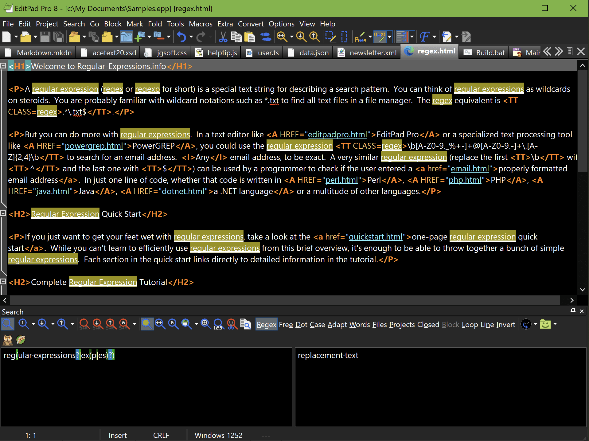 Kuvakaappaus EditPad Prosta Windowsissa: avoinna HTML-tiedosto, syntaksin korostus, välilehdet ja edistynyt haku säännöllisillä lausekkeilla alapaneelissa.