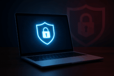 Åben bærbar computer på et bord med et digitalt lyseblåt skjold og hængelås-ikon på skærmen, symboliserende antivirusbeskyttelse og datasikkerhed. En større rød skygge af et skjold vises i baggrunden.