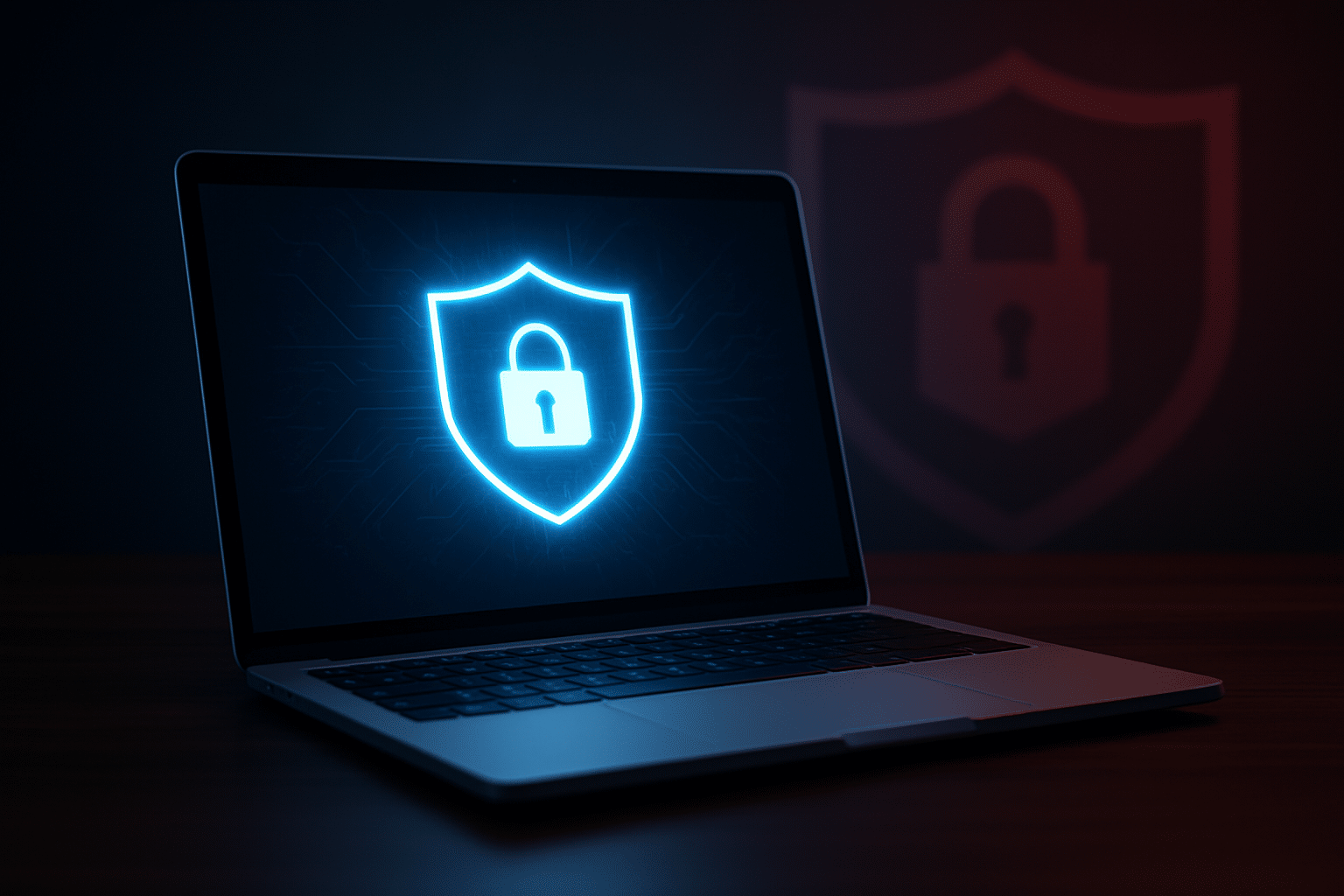 Avoin kannettava tietokone pöydällä, näytöllä digitaalinen vaaleansininen kilpi ja lukon kuvake, mikä symboloi virustorjuntaa ja tietoturvaa. Taustalla näkyy suurempi punainen kilven varjo.