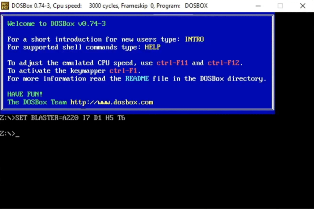 DOSBox started on Windows with the classic blue welcome screen and DOS prompt, ready to run old DOS games.