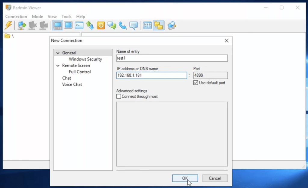 Radmin Viewer showing setup of a new connection with name, IP address, and default port 4899.