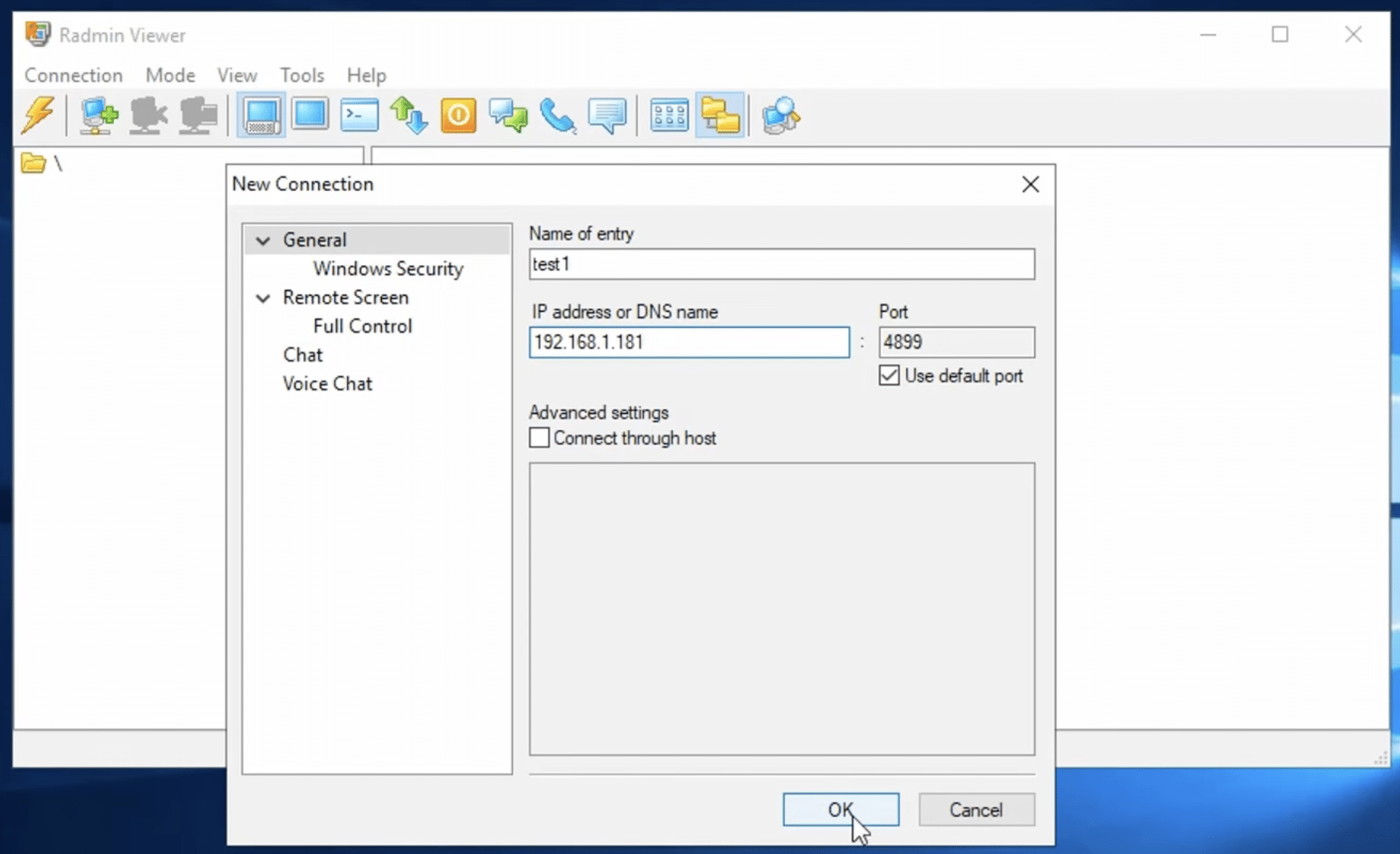 Radmin Viewer zeigt das Einrichten einer neuen Verbindung mit Name, IP-Adresse und dem Standardport 4899.