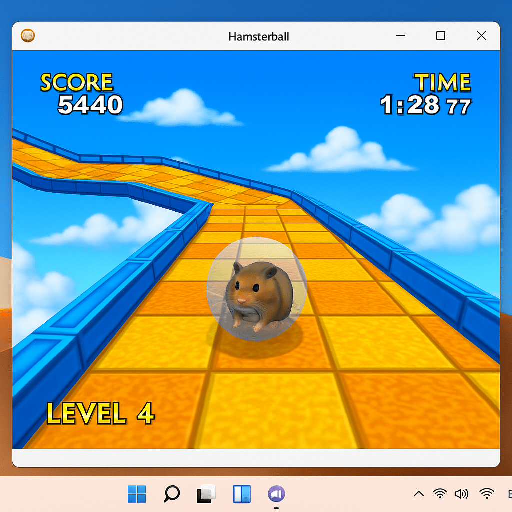 Screenshot fra vores test af Hamsterball på Windows 11 – her ses hamsteret på bane 4 i fuld fart, mens tiden tikker ned. Spillet byder på farverige 3D-baner, skarp grafik og et klassisk arkadepræg, der stadig holder i dag.